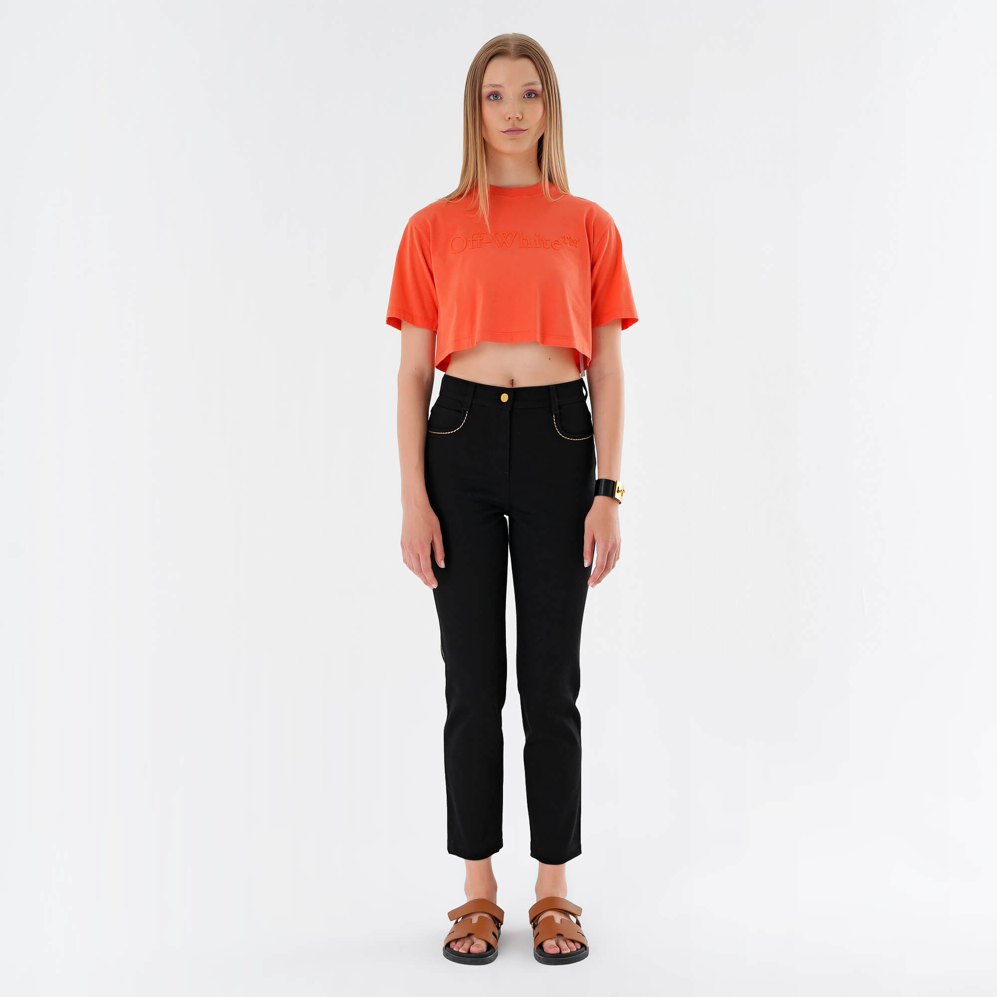 Off White - Orange Logo Printed  Cropped Tshirt M